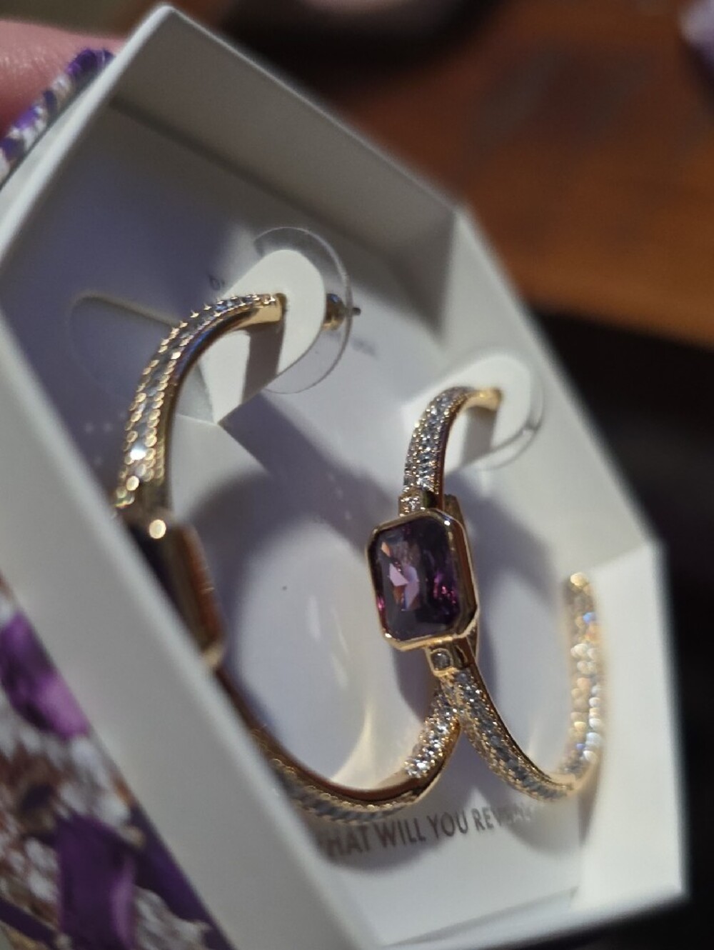 Gold-Tone Crystal Hoop Earrings with Purple Center Stone